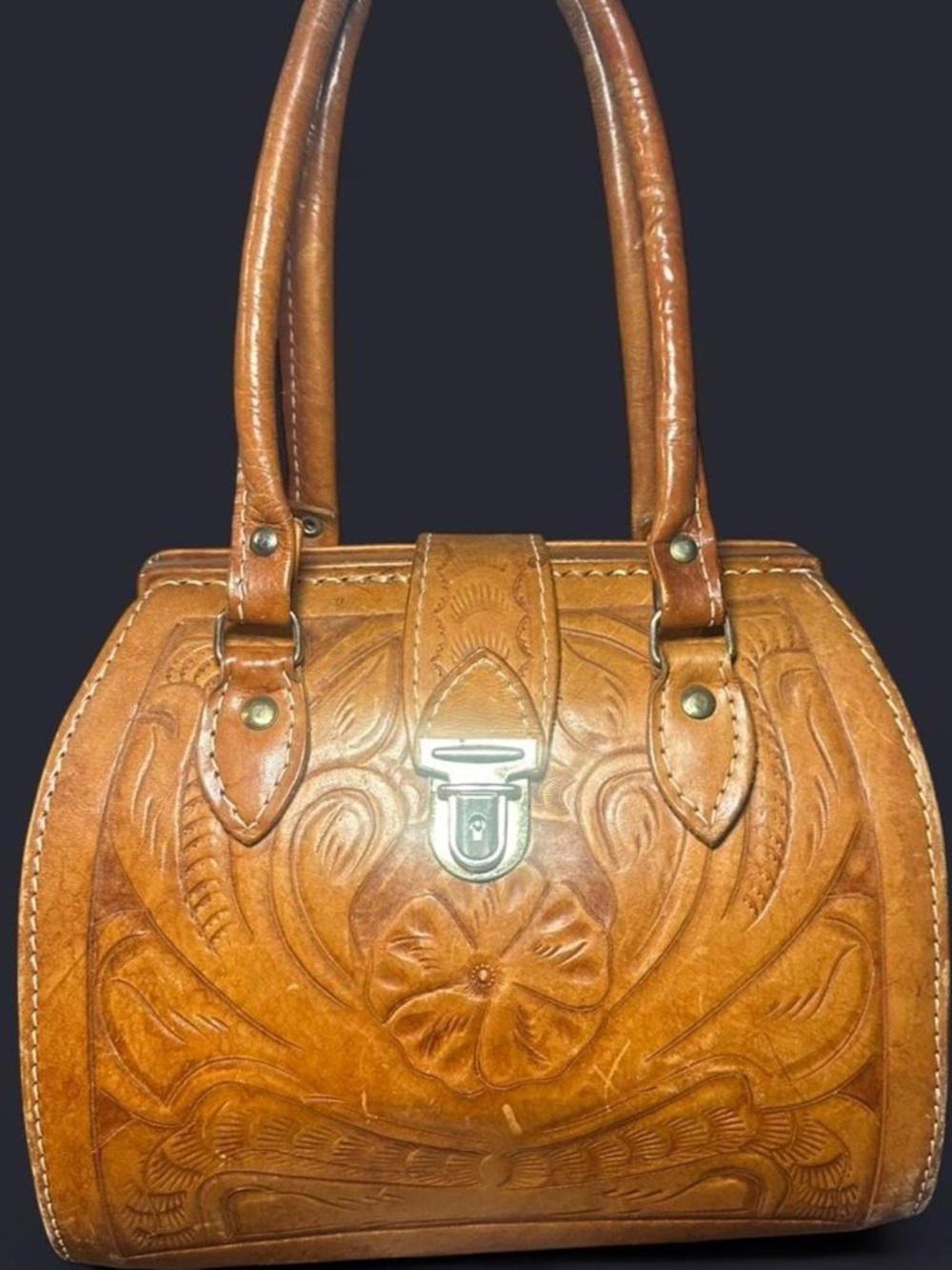 Vintage Mexican Tooled Leather Satchel Handbag - Tan - Picture 2 of 7